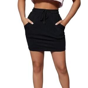 Shein Black Sporty Sexy Drawstring Waist Slant Pocket Solid Mini Skirt Medium/6